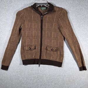 Lauren Ralph Lauren Petite P/P Brown Plaid Full Zip Cotton Sweater Jacket